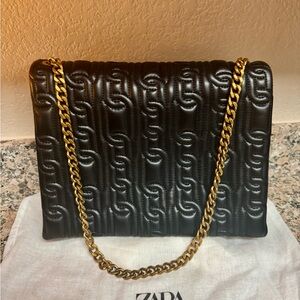 Zara Black Embossed Shoulder Bag with Gold Chain